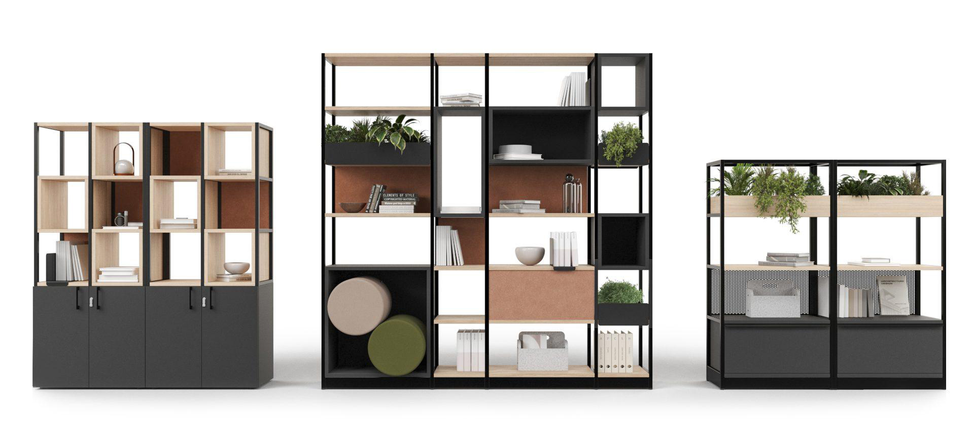 Narbutas Silent Room S acoustic workpods Narbutas Combus modular zoning storage shelves